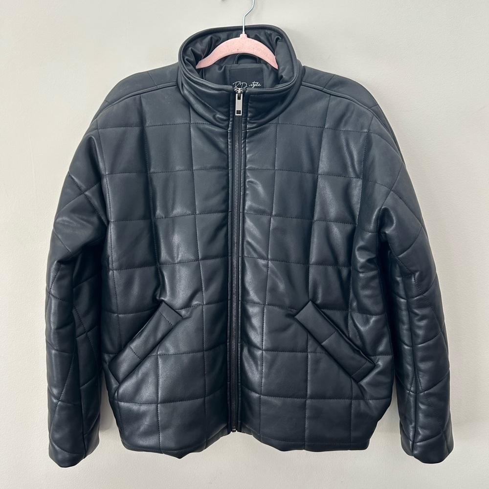 RD Style Quilted Black Vegan Leather Loose Fit S/L Biker Streetwear Jacket - Picture 3 of 6